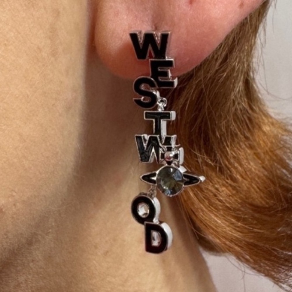 VIVIENNE WESTWOOD Soho Enamel Drop Logo Letter Earrings Blue Silver Crystal Orb - Picture 14 of 14